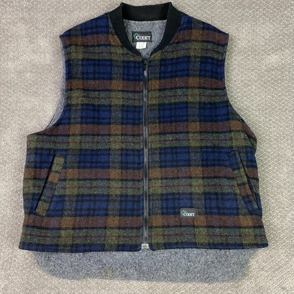 Codet Vest Mens XL Blue Green Brown Plaid Wool Blend Hunting Sherpa Fleece Lined - Picture 1 of 13